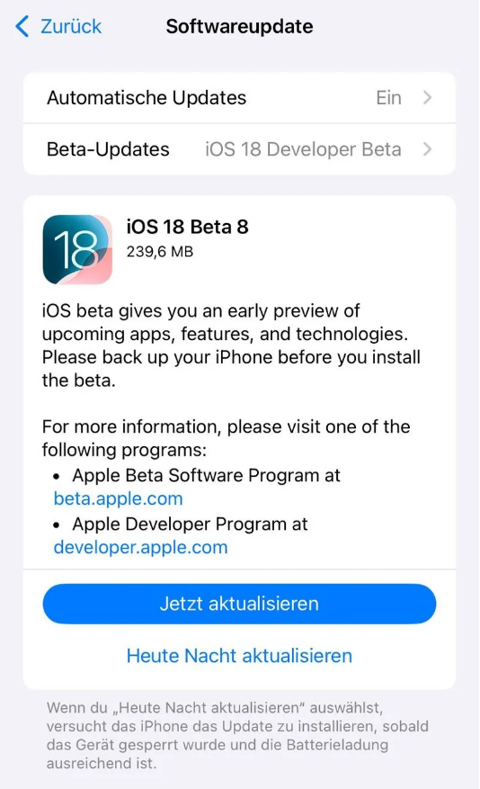 田家庵苹果手机维修分享苹果 iOS / iPadOS 18 开发者预览版 Beta 8 发布 